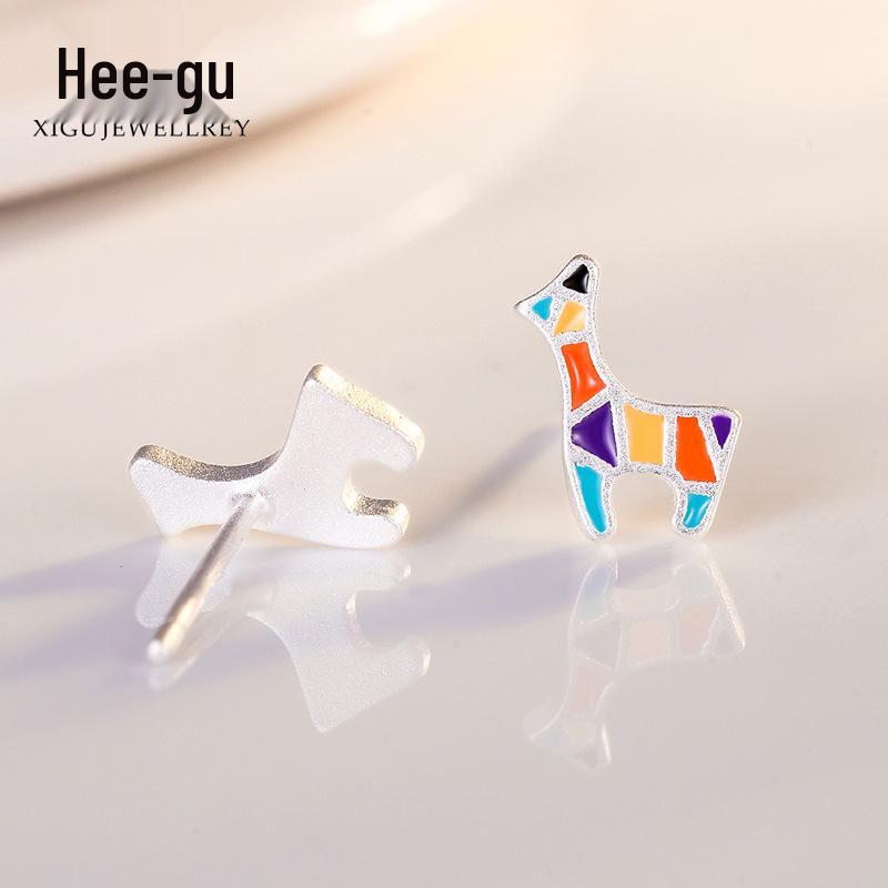 Higu S925 Silver Frosted Colorful Giraffe Stud Earrings - Cute Christmas Gift