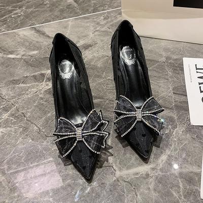 High Heels Damen Schleife Mesh Feiner Absatz Neue Strass Hochzeitsschuhe Schwarz Französisch Klein Duftend Spitz Einzelne Schuhe