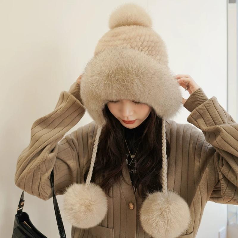 New Winter Warm Mink Hair Woven Fox Hair Ear Protection Fur Hat Female Cute Real Hair Ball Snow Hat