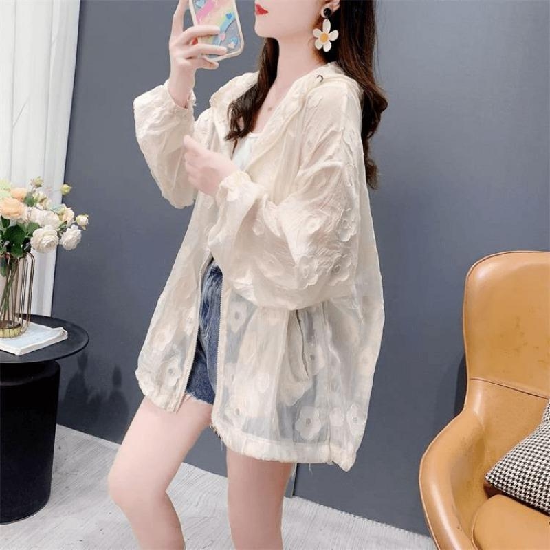 Women Casual Loose Thin Breathable Hooded Sunscreen Cardigan Shirt Outerwear