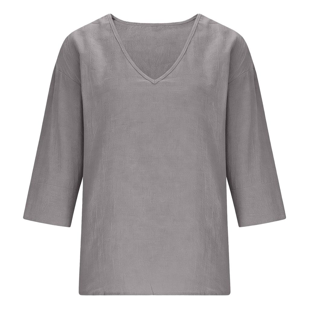 Donna Nuova Primavera Estate Cotone Slub Manica 3/4 Scollo a V Top, Blusa Casual Moda Larga