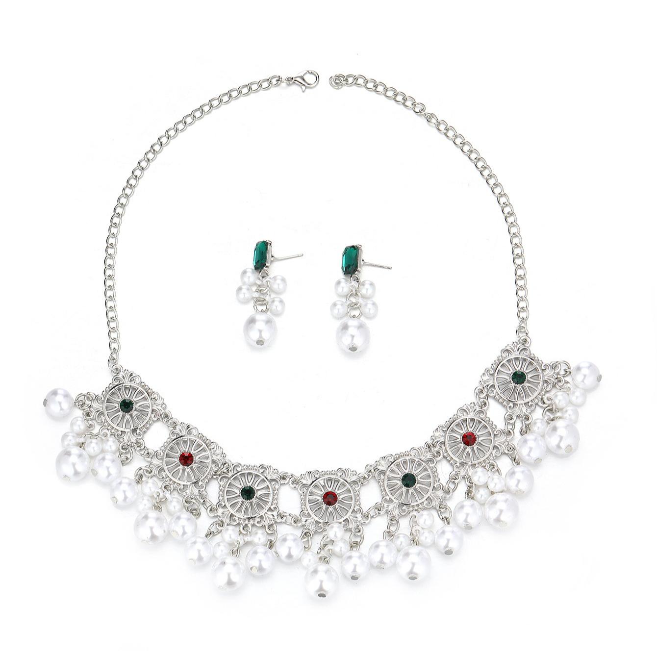 

Woman Vintage Hollow Jewelry Sets Simulated Pearl Tassel Necklace Earrings різнокольоровий