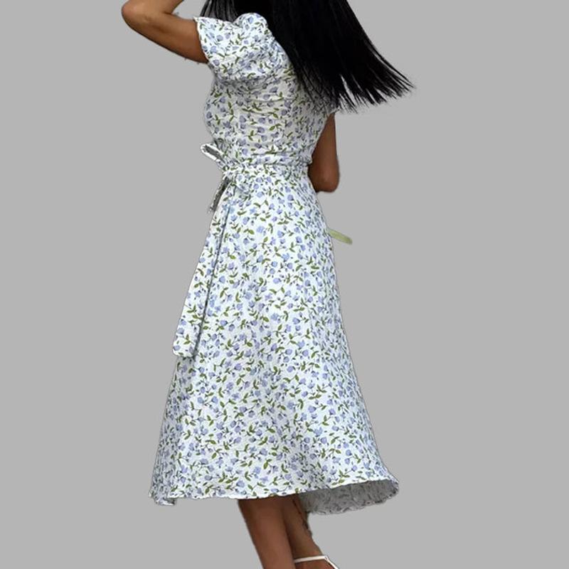 Rochie nouă cu decolteu în V cu imprimeu floral Mâneci bufante Strâmtă pe talie și cu un temperament elegant Rochie slim