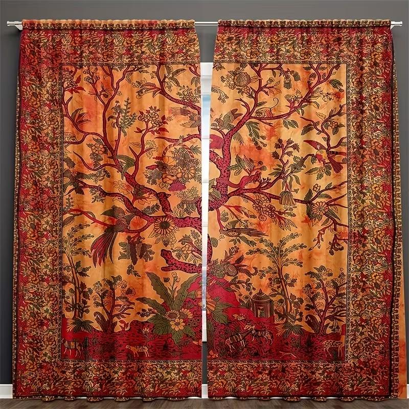 2pcs Vintage Botanical Curtains   Red & Orange Floral Tree Pattern   Retro Style Living Room Bedroom Decor   with Rod Pocket
