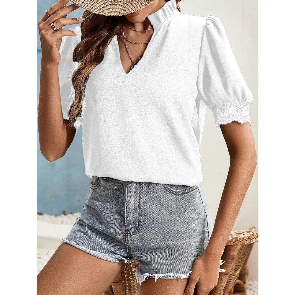 Women's Short-sleeved Tops Summer New Fashion T-shirt Versatile V-neck Shirt Lantern Sleeve Splicing Lace Blouse