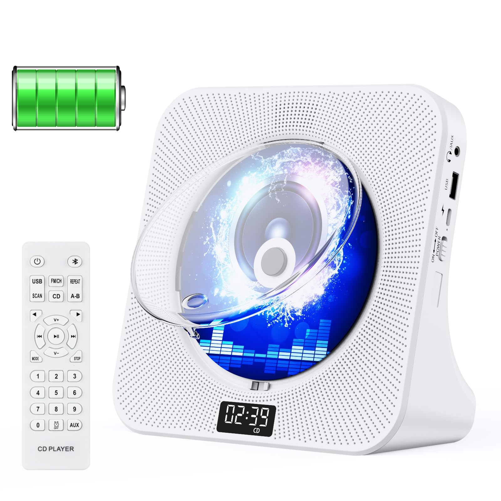 

Qoosea CD Player Desk Bluetooth CD Boombox HiFi Speaker CD Player 4000mah Rechargeable Battery Multifunctional Bright LED Display Supports Playback