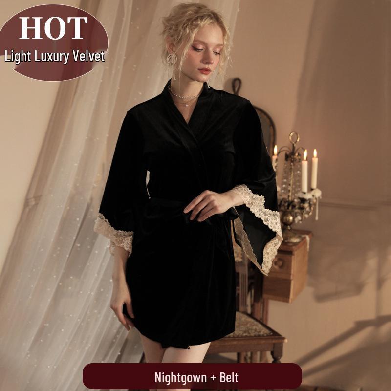 Women's Sexy Pajamas: Ice Silk Swaying Collar, Luxurious Mesh Suspender Nightgown with Outer Robe