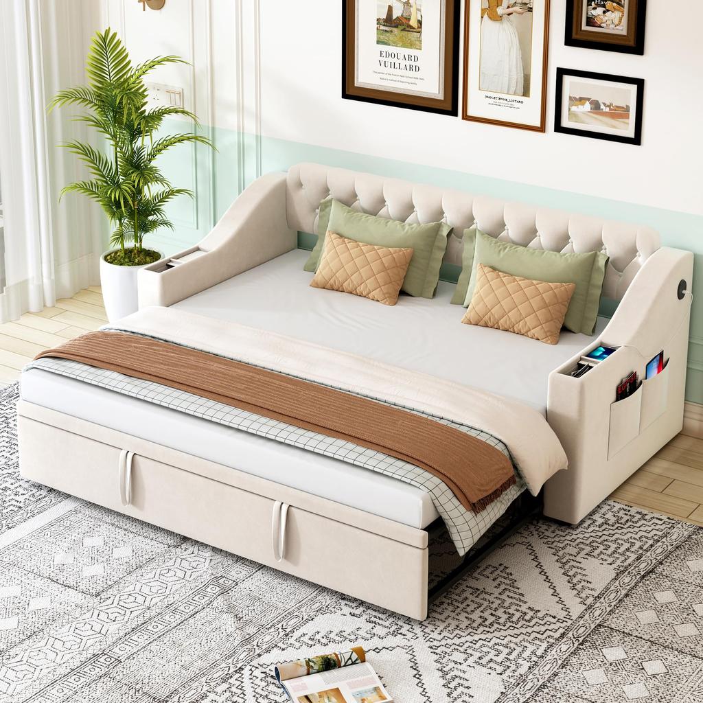 Ausziehbar Schlafcouch 90/180x190 cm Sofa Bett 2 Sitzer Schlaffunktion Klappsofa Lattenrost USB-Ladeanschluss SamtStoff Beige (Ohne Matratze)