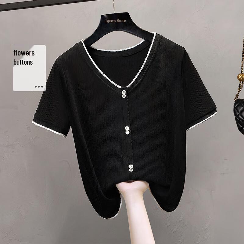 Sibaishi Women s V-Neck Short-Sleeve T-Shirt with Flower Buttons XL
