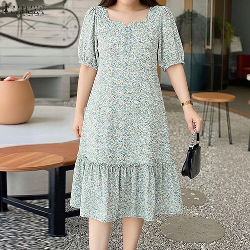 ZANZEA Women Casual Square Collar Summer Short Sleeve Floral Dress