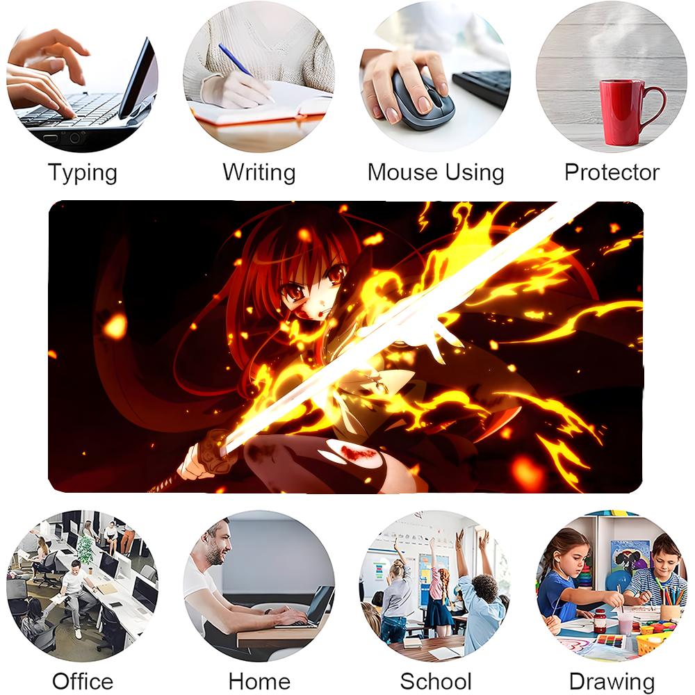 Gaming Mouse Pad Large Desk Mat Stitched Edges Fiery Red Hair Anime Sword Girl Print Keyboard Pad for Gamer Office Home