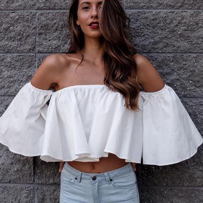 New Stylish Spring Summer Women Ladies Flare Sleeve Off Shoulder Solid Tank Shirts Crop Tops Cropped Pullovers Blouse Costume
