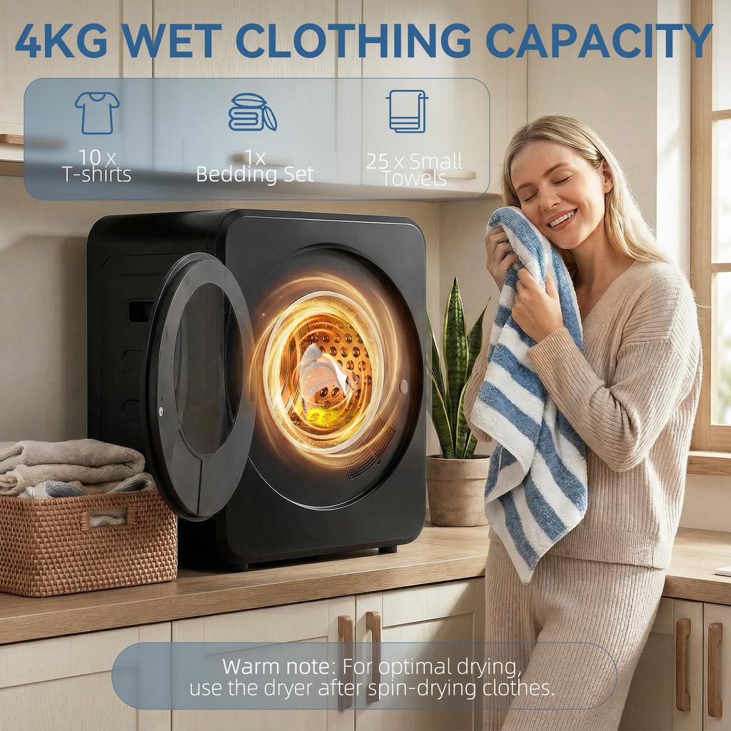 Vented Tumble Dryer, 4 Kg Front Tumble Dryer with Stainless Steel Tub, 800W Compact Freestanding Black