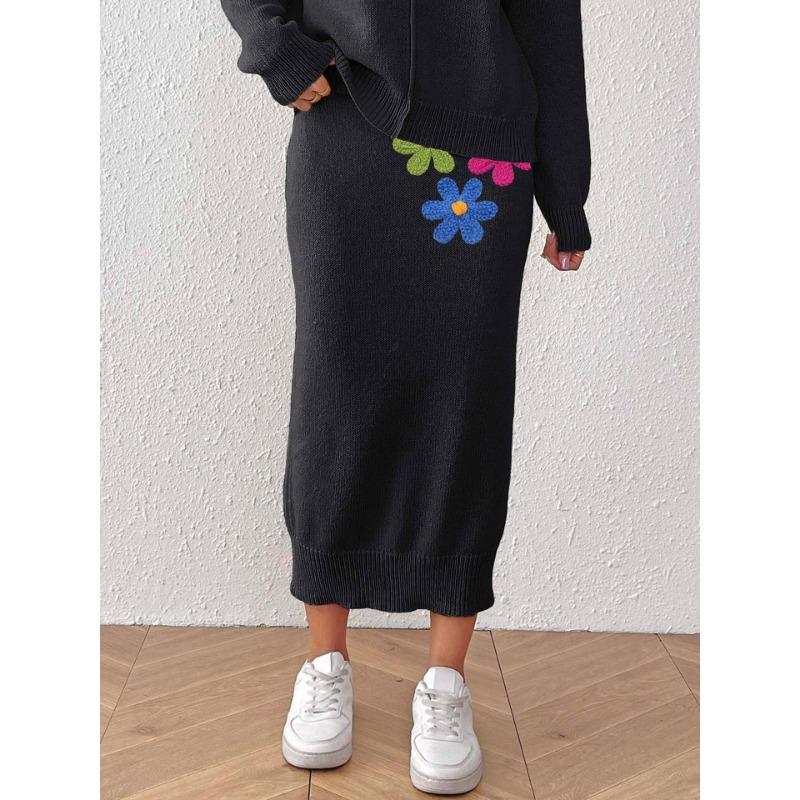 

Модная женская юбка средней длины в китайском стиле, элегантная, с вышивкой трехмерными цветами, вставками, эластичная, облегающая бедра, юбка-свитер XL чёрный