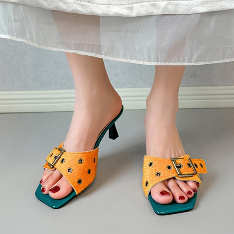 Fashion Liyke New Fashion Big Buckle Strap Square Toe Thin Low Heels Slipper For Woman Mules Slide Shoes Gladiator Sandals Zapatos Mujer