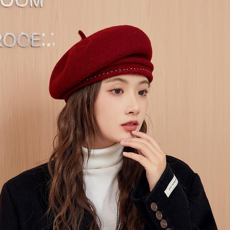 Winter Hat Women Beret Elastic Knit Solid Color Soft Warm Thick Windproof Decorative French Artist Painter Vintage Elegant C