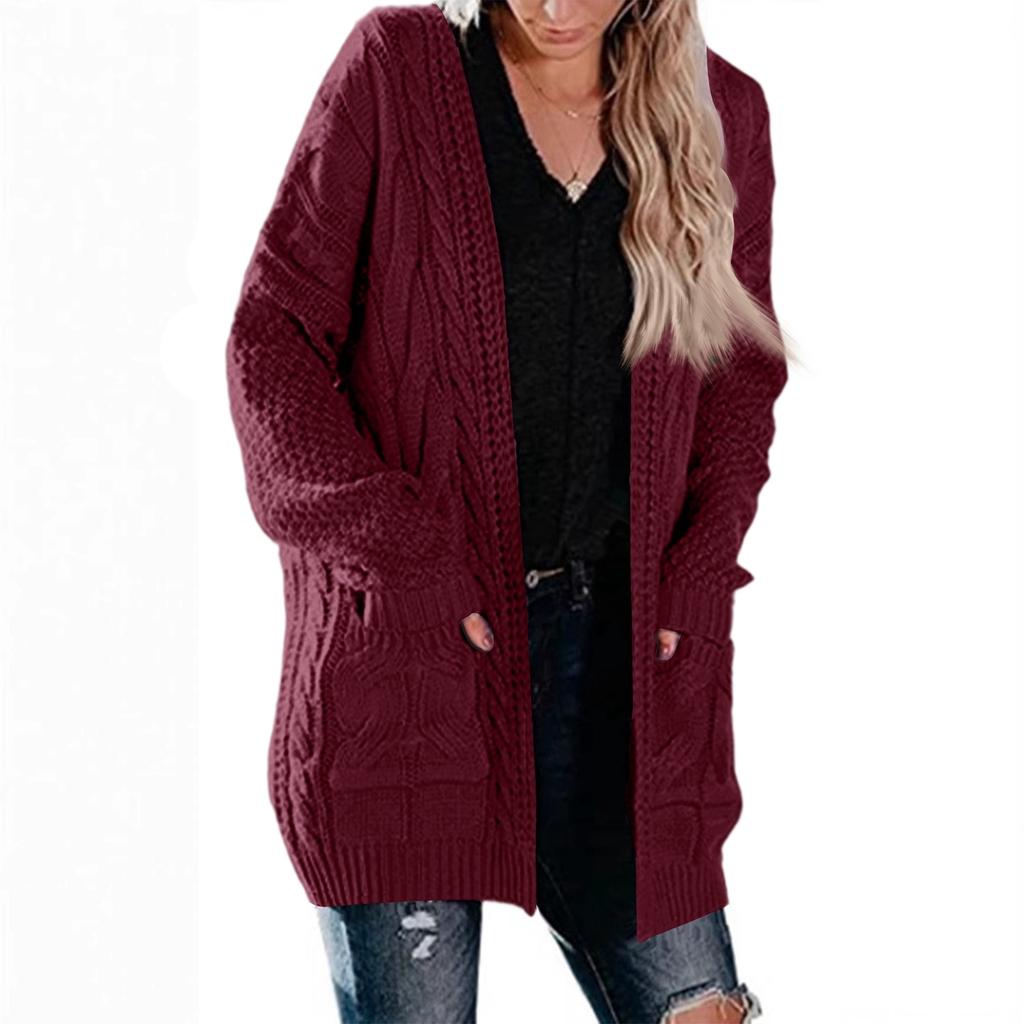 Women's Mid-Length Cable Pocket Knit Cardigan Sweater