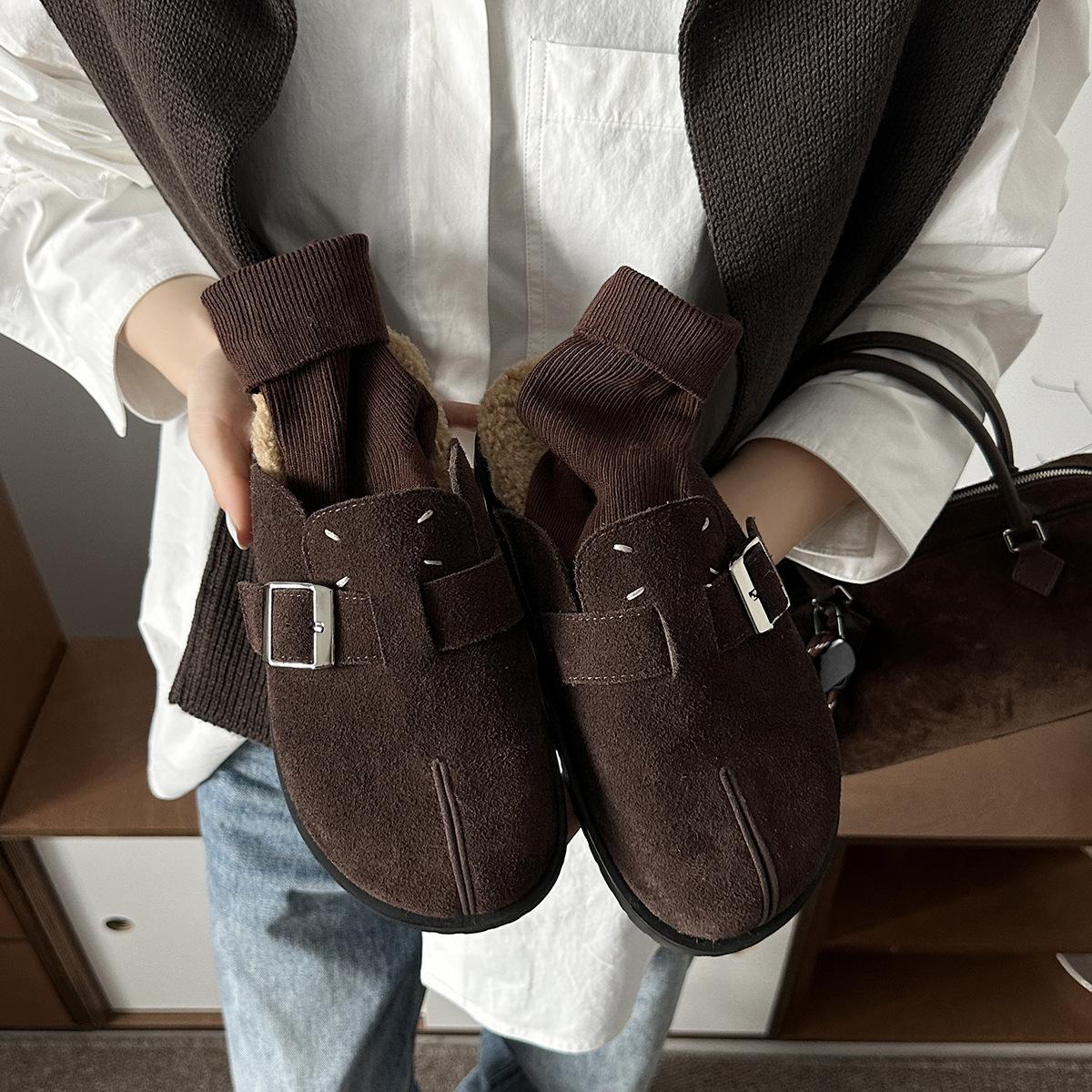 

Женские пушистые тапочки с раздвоенным носком 2025 года на толстой подошве с ворсом, утолщенные, теплые, уличные туфли Boken 40