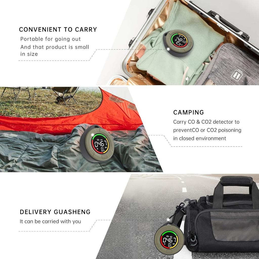 Promtex 4 in 1 Tragbarer Kohlenmonoxid-Kohlendioxid-Detektor, Wiederaufladbares CO CO2 Monitor Messgerät Luftqualitätsmonitor mit Magnet & Lanyard für Zuhause,