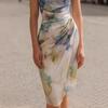 Damen Midi-Kleid mit Schalkragen, kurzen Ärmeln, Aquarell-Print, schmaler Passform, hoher Taille und Raffung, formelles Partykleid