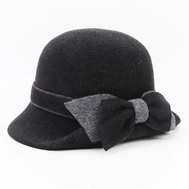 Women Party Formal Headwear Bucket Hat Lady Winter Fashion Asymmetric Ribbon Bowknot 100% Wool Felt Hats