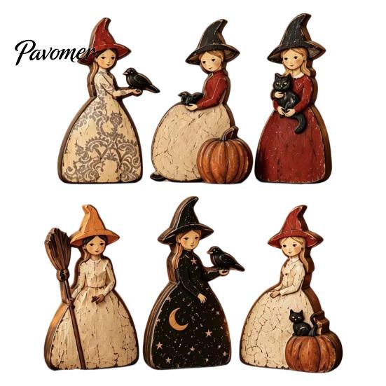 Hand Painted Witch Theme Gifts Halloween Wooden Ornaments, Distressed Figurines, Retro Tabletop Black Cat And Crow Holiday Accents Decoration