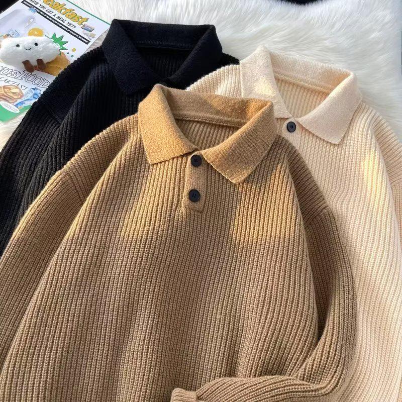 Men's Korean & Japanese Style Thickened Lapel Sweater - Trendy Winter Knitwear with a Relaxed Fit