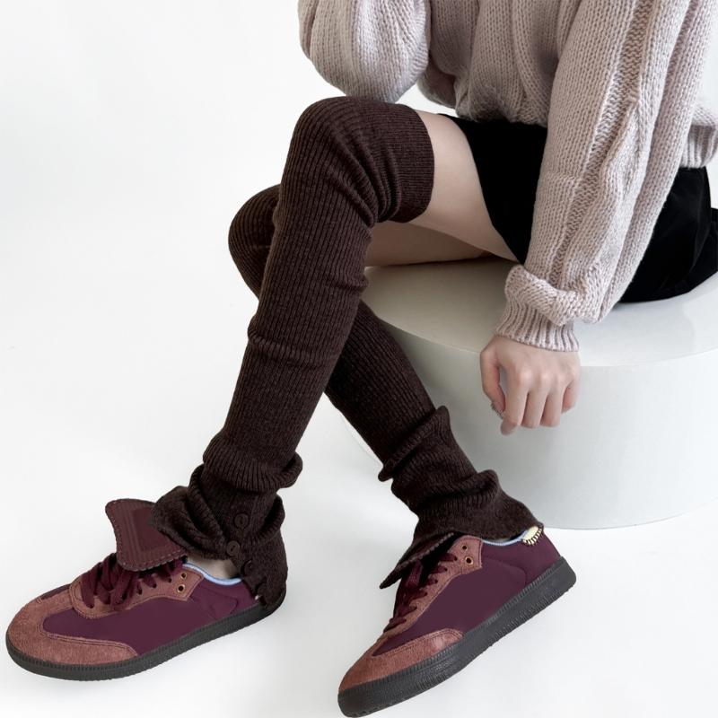 Japanese Ballet Styles Thigh High Leg Warmer Ribbed Knitted Split Buttons Over Knee Footless Socks for Fashionable Women