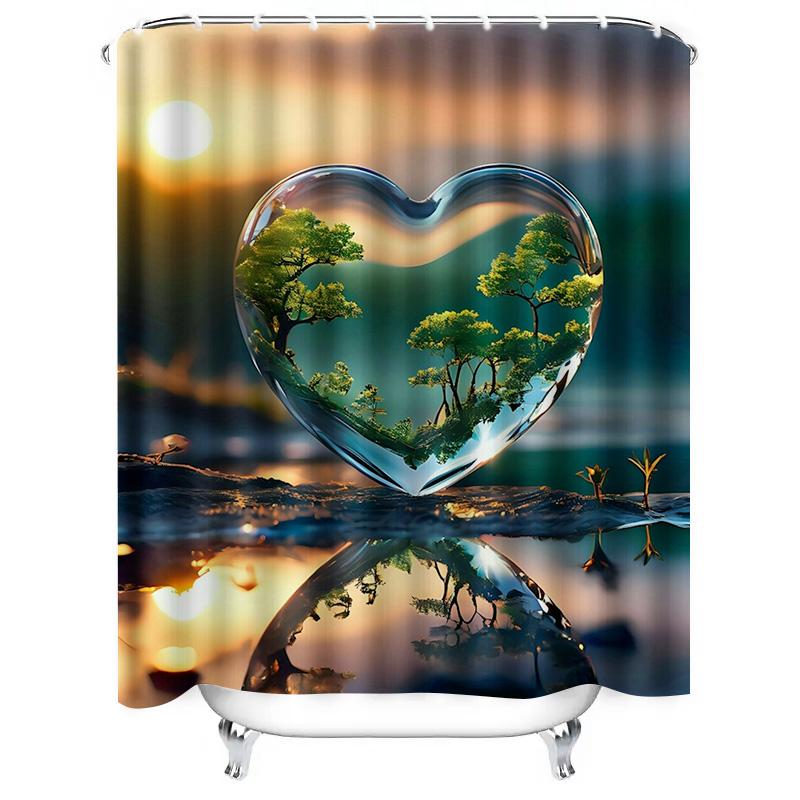 Heart-Shaped Landscape Shower Curtain - Waterproof, Mildew-Resistant, Machine Washable for Romantic Bathroom Decor