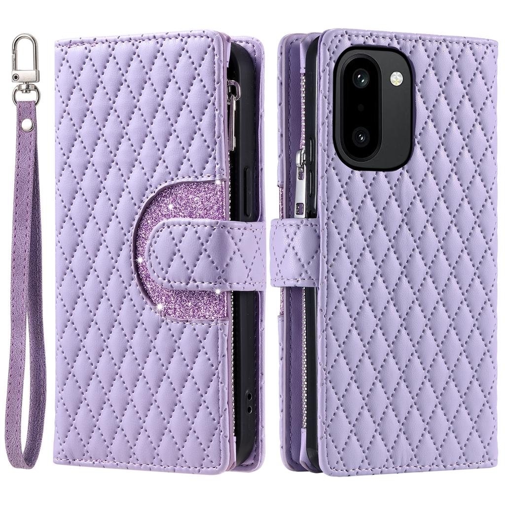 For OnePlus 15R 5G Case Zipper Pocket Glitter Leather Phone Cover with Wrist Strap