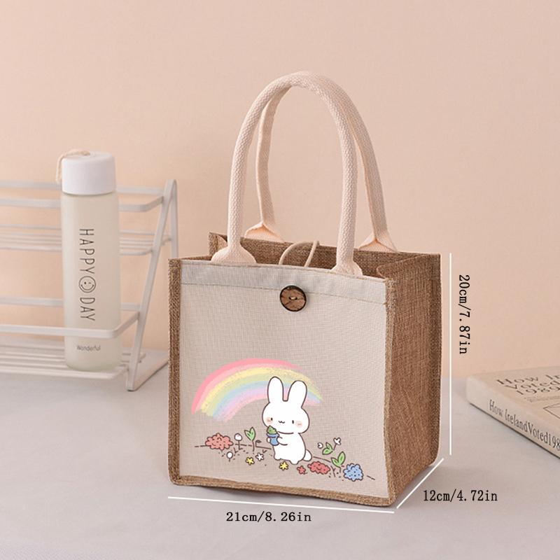 Linen tote bag, large-capacity cartoon printed lunch box bag, hand-held bag, waterproof and versatile