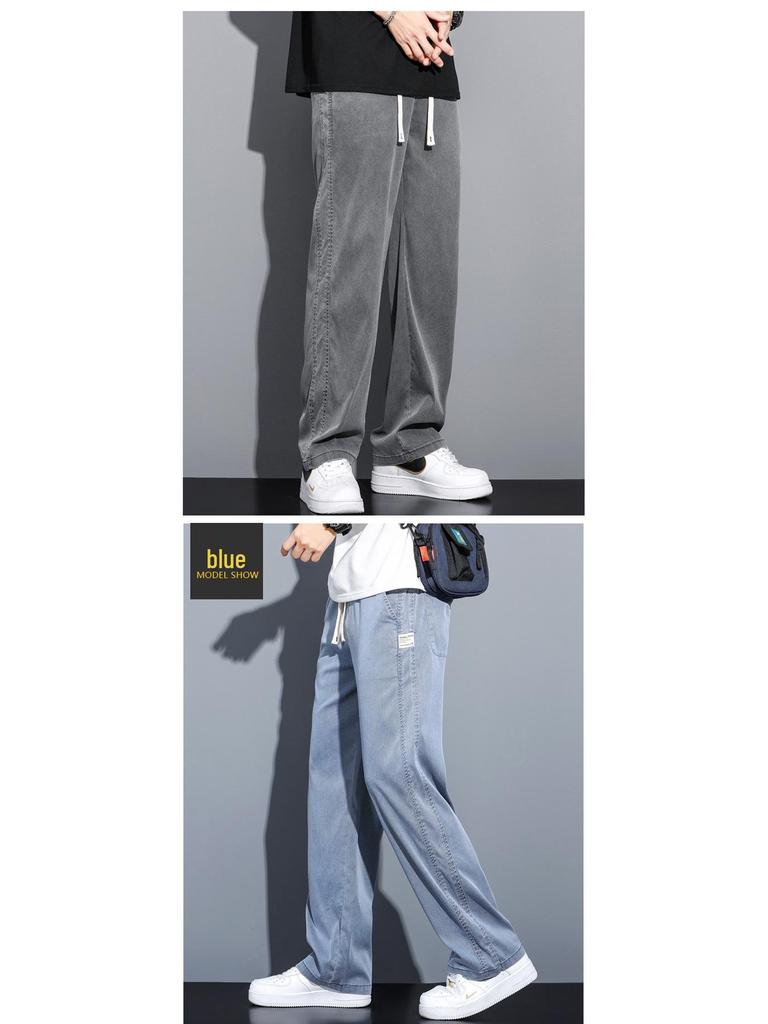 Men's Summer Tencel Jeans: Lightweight, Loose-Fit Straight-Leg Drawstring Sports Shorts, Trendy Workwear Casual Nine-Point Pants