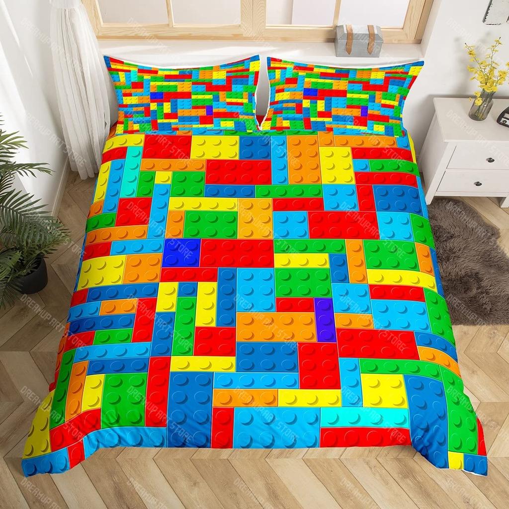 3D Building Block Pattern Duvet Cover Set Boys Girls Bedroom Fun Brick Printing Bedding Set Geometric Rectangle Comforter Cover