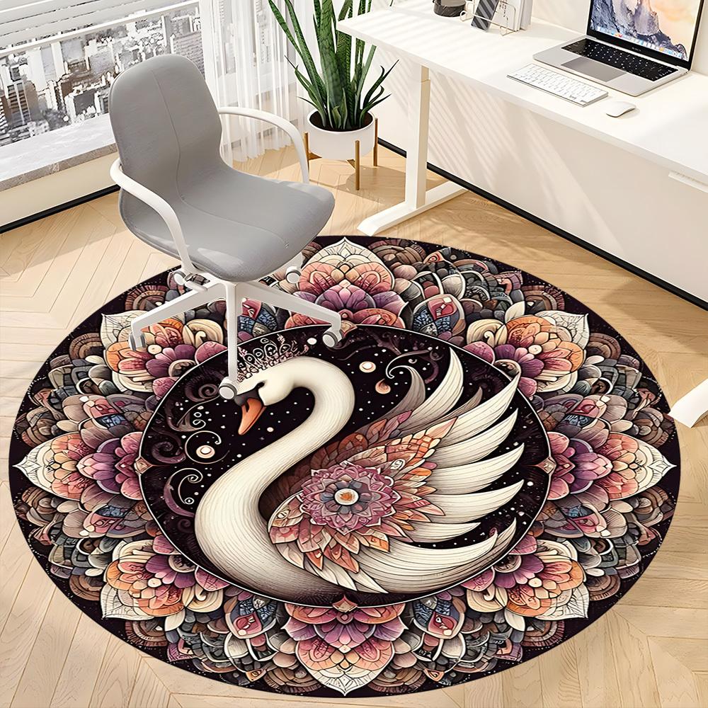1PC Swan Mandala Art Office Round Rug, Non Slip, Soft and Durable Office Rug for Interior Decoration, Perfect for Office