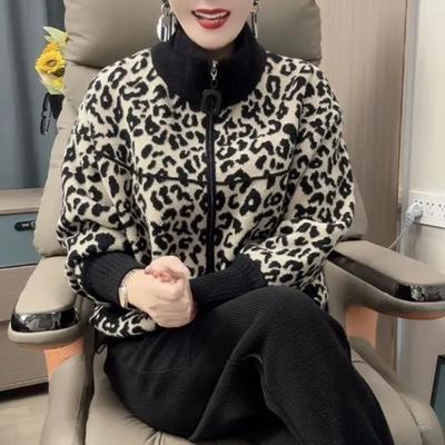 Autumn Winter Leopard Print Woolen Coat Short Style Zipper Korean Style Fashion Cardigan Top