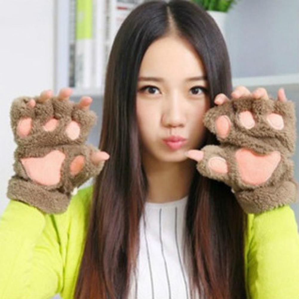 Cute Cat Claw Paw Plush Mittens Warm Soft Plush Short Fingerless Fluffy Bear Gloves for Woman