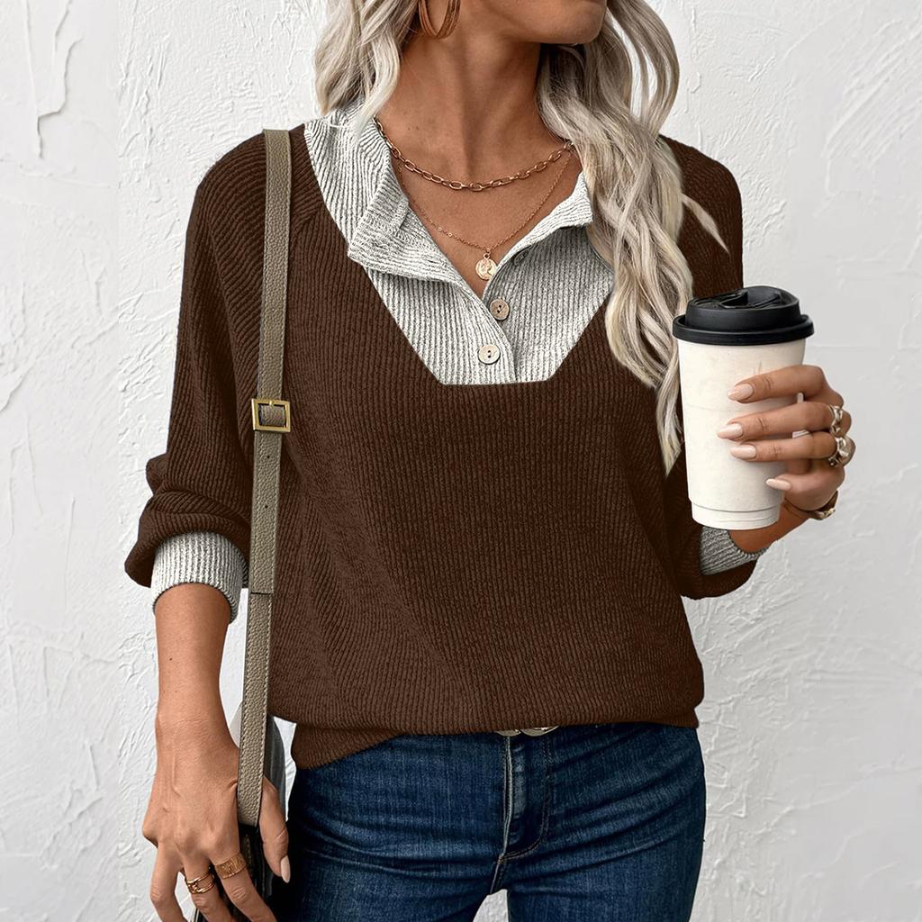 Women's Pullover Lapel Sweatshirt Fashionable Stitching Contrast Color Top