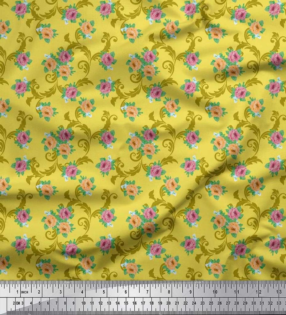 Soimoi Japan Crepe Satin Fabric Swirl,Leaves & Rose Floral Printed Fabric 1 Metre 42 Inch