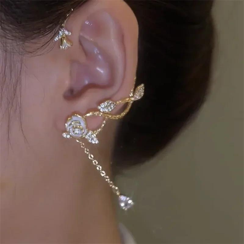 Sparkling Rose Shape Long Tassel Crystal Stars Ear Clip Earrings Without Piercing Exquisite Light Luxury Wedding Jewelry Gifts
