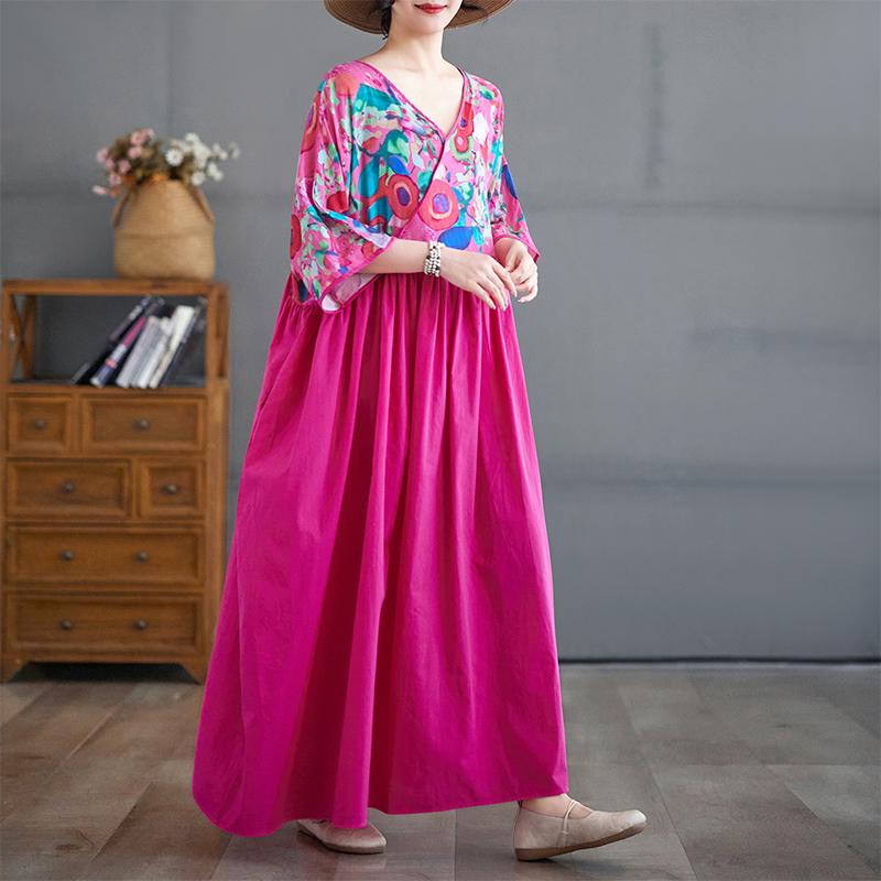 Dimanaf 2025 Women Plus Size Summer Dress Basic Vintage Long Floral Pleated Dress Loose Casual Printing Maxi