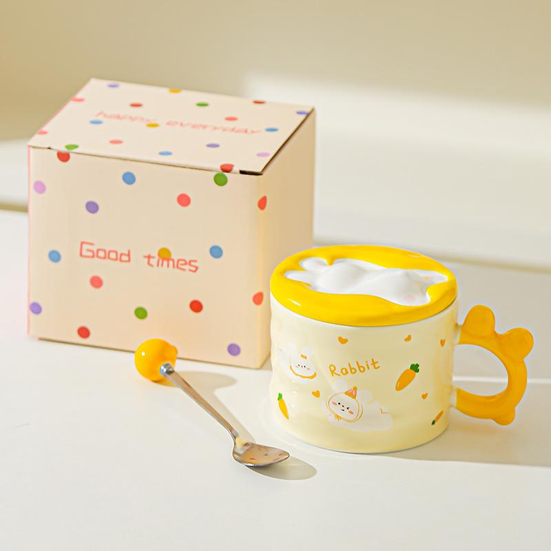 Little Rabbit Cartoon Lid Ceramic Cup Girls High Temperature Resistant Mug Cute Creative Water Cup Office Small Gift Cup