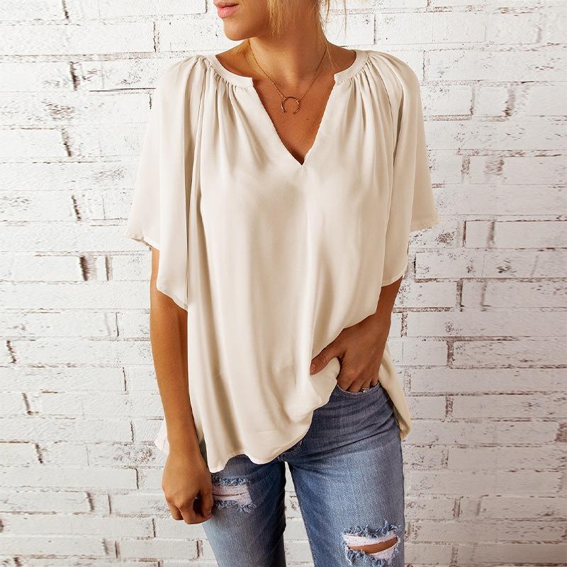 BITCED Women's Fashion Casual Solid Color Print Short Sleeve V Neck Blouses & Shirts