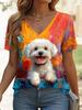 Summer Women's T-Shirt Oil Painting Puppy Print Casual Short-Sleeved 3d T-Shirt Fashion Street Wear V-Neck Pullover Oversized Wo