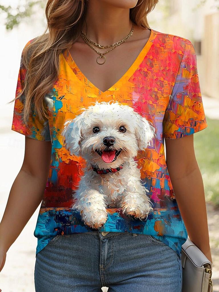 Summer Women's T-Shirt Oil Painting Puppy Print Casual Short-Sleeved 3d T-Shirt Fashion Street Wear V-Neck Pullover Oversized Wo