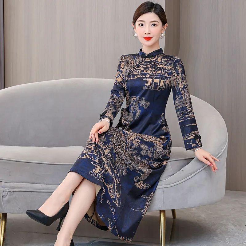 Nové čínské šaty pro plnoštíhlé ženy střední délky s vylepšenou sukní Cheongsam zakrývající bříško