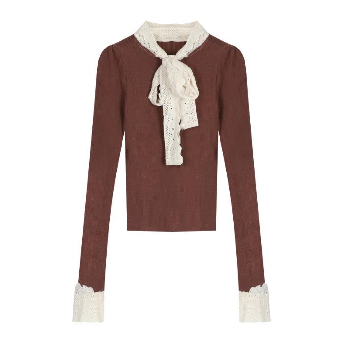 

French temperament lace bow with sweater inside women s winter black short slim top one size fits all темно-коричневого кольору