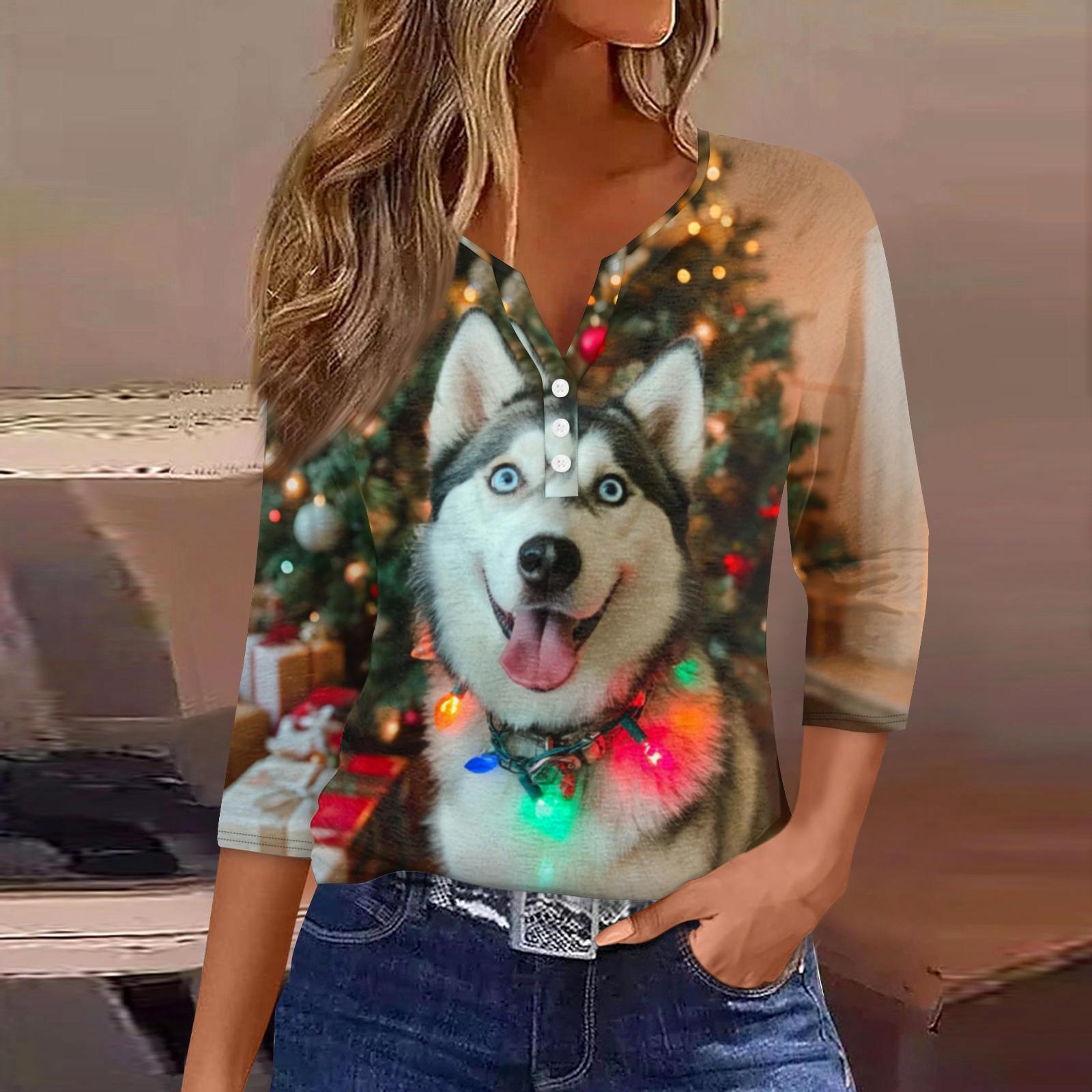 

Женская модная повседневная рождественская блузка с V-образным вырезом и рукавом три четверти, украшенная пуговицами XL