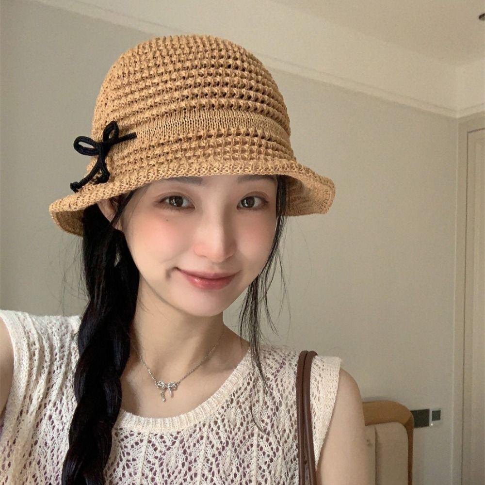 

Solid Color Knitted Bucket Hat Crochet Bow Sunshade Hat Lovely Sweet Sun Hat Outdoor