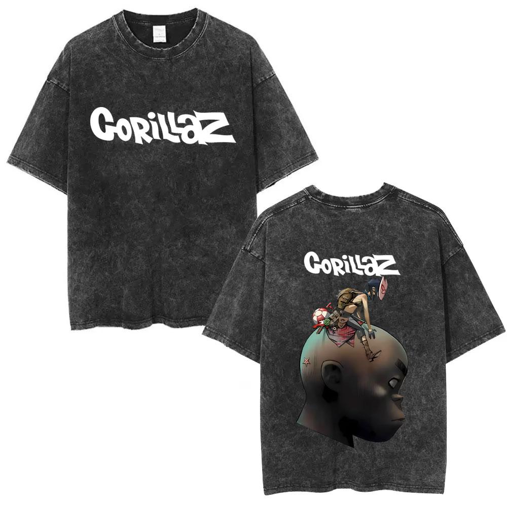 Washed Vintage Rock Band Gorillaz The Mountain Tour T Shirt Men Women Casual Oversized Tshirt Man Retro Rock Gothic Tshirt