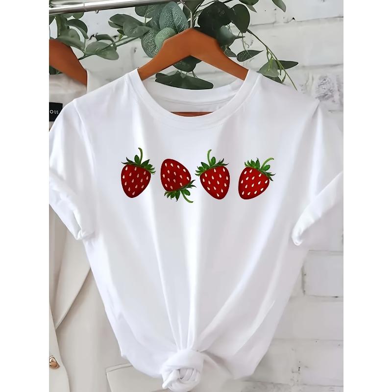 Women's Strawberry Print Short Sleeve T-Shirt - Cute Fruit Round Neck Blouse, Spring Summer Casual Attire, Machine Washable Strawberry Top for Women